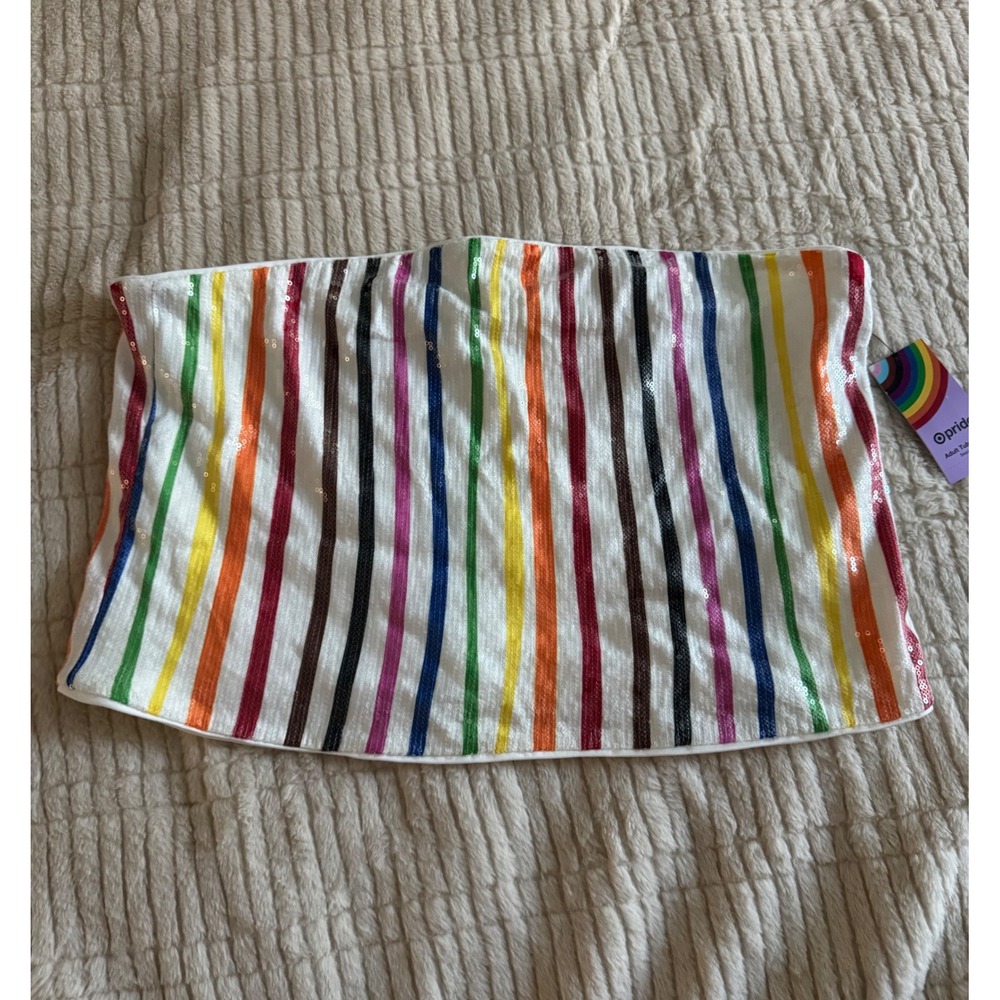 Target Pride Adult Tube Top XL Rainbow Sequin Striped Strapless White